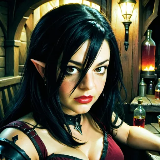 Prompt: pretty dark elf female necromancer with black hair wearing a dark red dress and sitting in a tavern at night