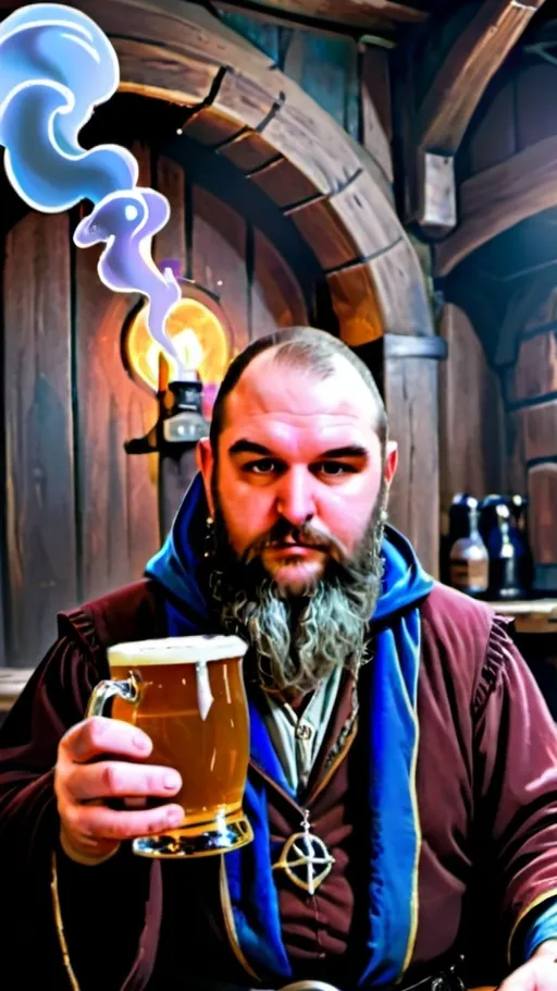 Prompt: wizard in blue robes sitting in a tavern with a mug of ale