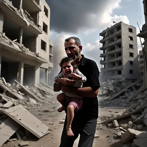 Prompt: North Gaza under attack, (arab father escaping rubble), (daughter crying), intense emotions, profound sorrow, chaotic destruction, dark and somber atmosphere, dramatic shadows, cloudy sky creating an oppressive mood, debris scattered, crumbling buildings in the background, strong contrast, evocative scene, cinematic quality, high detail, 4K, hauntingly realistic portrayal of turmoil, heartbreak, and resilience in a war-torn landscape.