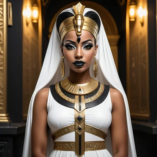 Prompt: Black Egyptian queen in white & gold dress 