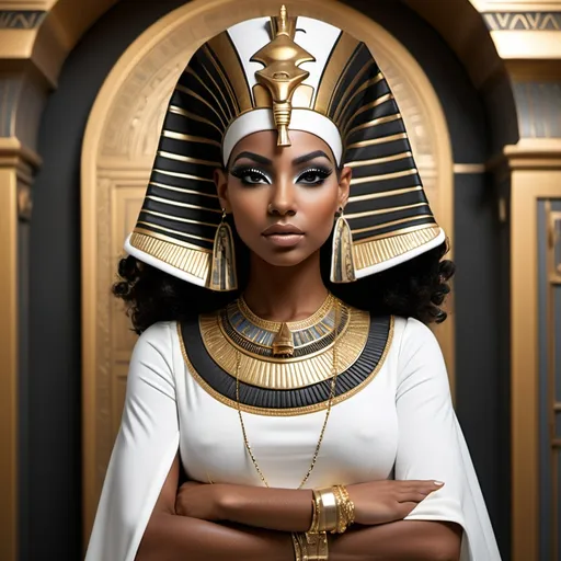 Prompt: Black Egyptian queen in white & gold dress 