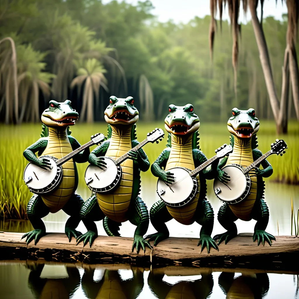 Prompt: 4 alligators standing upright playing banjo music near a swamp.