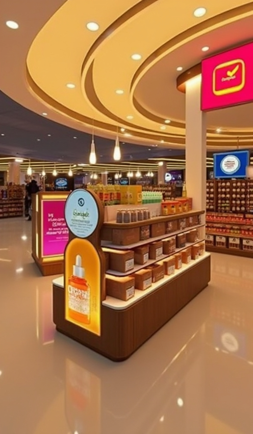 Prompt: A 2D CAD-style architectural elevation drawing of a retail display kiosk. The kiosk has a rectangular base with dimensions: 5 ft (front view width), 3 ft (side view depth), and 4 ft height. The front elevation shows three horizontal shelves filled with product boxes, a circular illuminated brand logo sign on the top-left side, and a glowing vertical graphic panel on the lower left corner showing a dropper bottle. The base is wooden, and the overall design is modern and symmetrical. The drawing should be clean, technical, black-and-white vector lines, with dimension labels and a professional layout.
