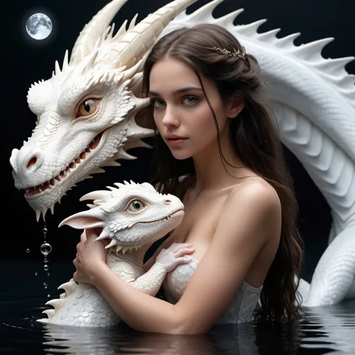 Prompt: create this image: An extremely innocent, but stunningly beautiful woman with incredibly beautiful long luscious hair, standing in beautiful sparkling, bubbling  water, in front of an extremely intricate and perfectly formed, beautiful white baby dragon, with her lovingly and motherly like, beautiful embrace, holding him, protecting him. Innocence and purity. She is in her natural born state and her skin must be flawless. Fantasy, magical and dreamy. Highest resolution, realistic detail, photorealism, highly and perfectly detailed, perfect and correcttly formed anatomy, and make both their eyes glowing brightly. Magical night background with a bright white full moon. Upgrade Unimaginable Resolution upgrade Sharpness 10k upgrade Detailing 2.1 10k+ upgrade Dimensionalization Upgrade Flawless Unimaginable Architectural design 2.1 10k upgrade HDMI 2.1 2.1 10k Upgrade Unimaginable Texturing 2.1 10k Upgrade Unimaginable layering 2.1 10k Upgrade Unimaginable Shading Techniques 2.1 10k Upgrade Unimaginable 2.1 10k one hundred Trigintillionth-Dimensional third person view 2.1 10k+ Ultra Macro photography techniques one hundred Trigintillionth-Dimensional third person view 2.1 10k+ Ultra Macro photography Engineering techniques upgrade HDMI 2.1 2.1 10k  Resolution techniques Breathtaking upgrade Transitions HDMI 2.1 2.1 10k.