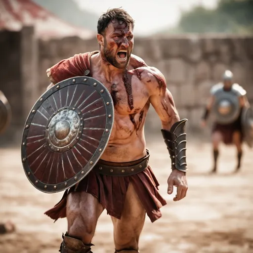 Prompt: A muscular gladiator running, bloodied chest, gripping a worn shield. Clad in traditional armor. Blurry arena or battlefield background.