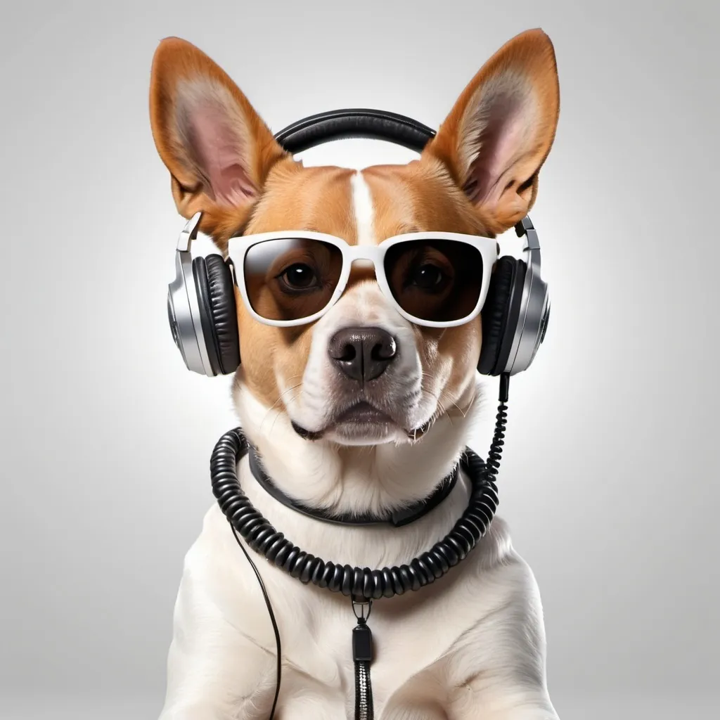 Prompt: A dog dj with headphones and sunglasess background white realistic 4k