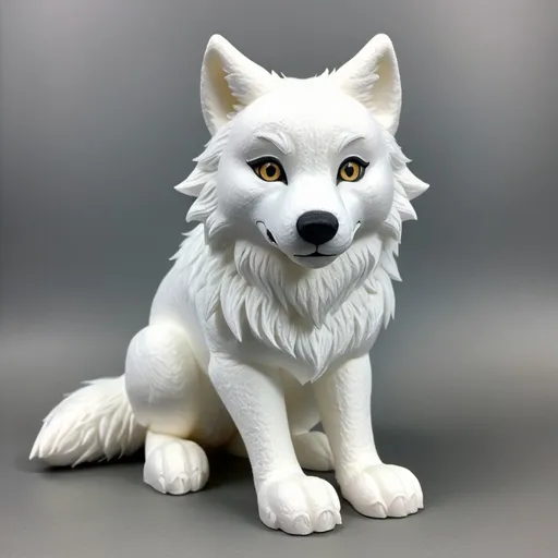 Prompt: A realistic and detailed cute white wolf made of foam. The wolf is made entirely out of foam, with detailed facial features including big, round eyes. The foam is expertly crafted to give the wolf a fluffy appearance.
