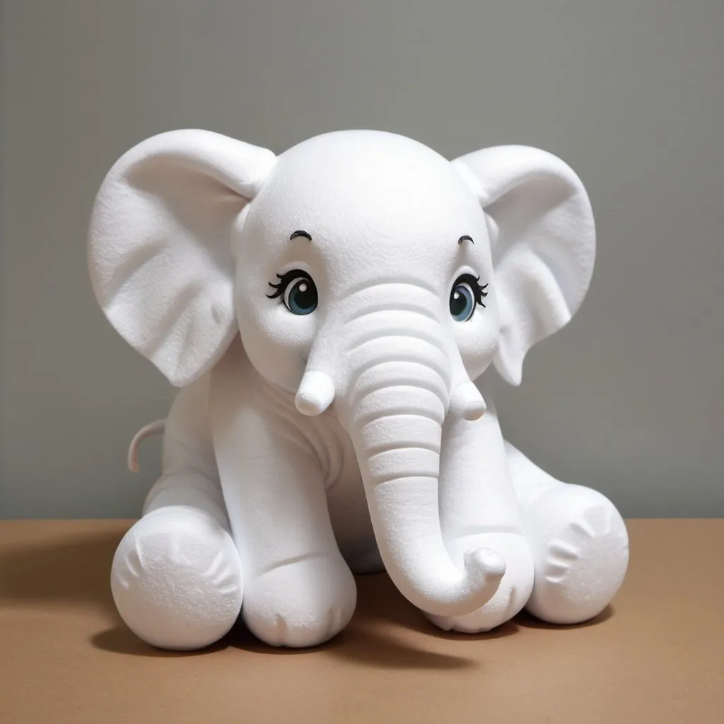 Prompt: A realistic and detailed cute white elephant made of foam. The elephant is made entirely out of foam, with detailed facial features including big, round eyes. The foam is expertly crafted to give the elephant a fluffy appearance.