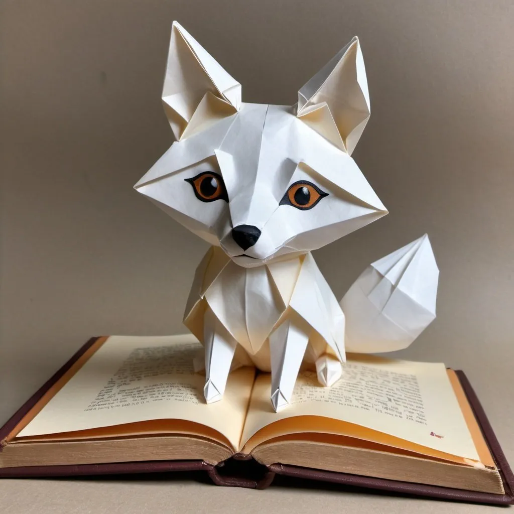 Prompt: A realistic and detailed cute white fox made of origami walking over a book. The animal is made entirely out of paper, with detailed facial features including big, round eyes, a small nose, and tiny whiskers. The animal is expertly crafted to give it a sharp appearance.