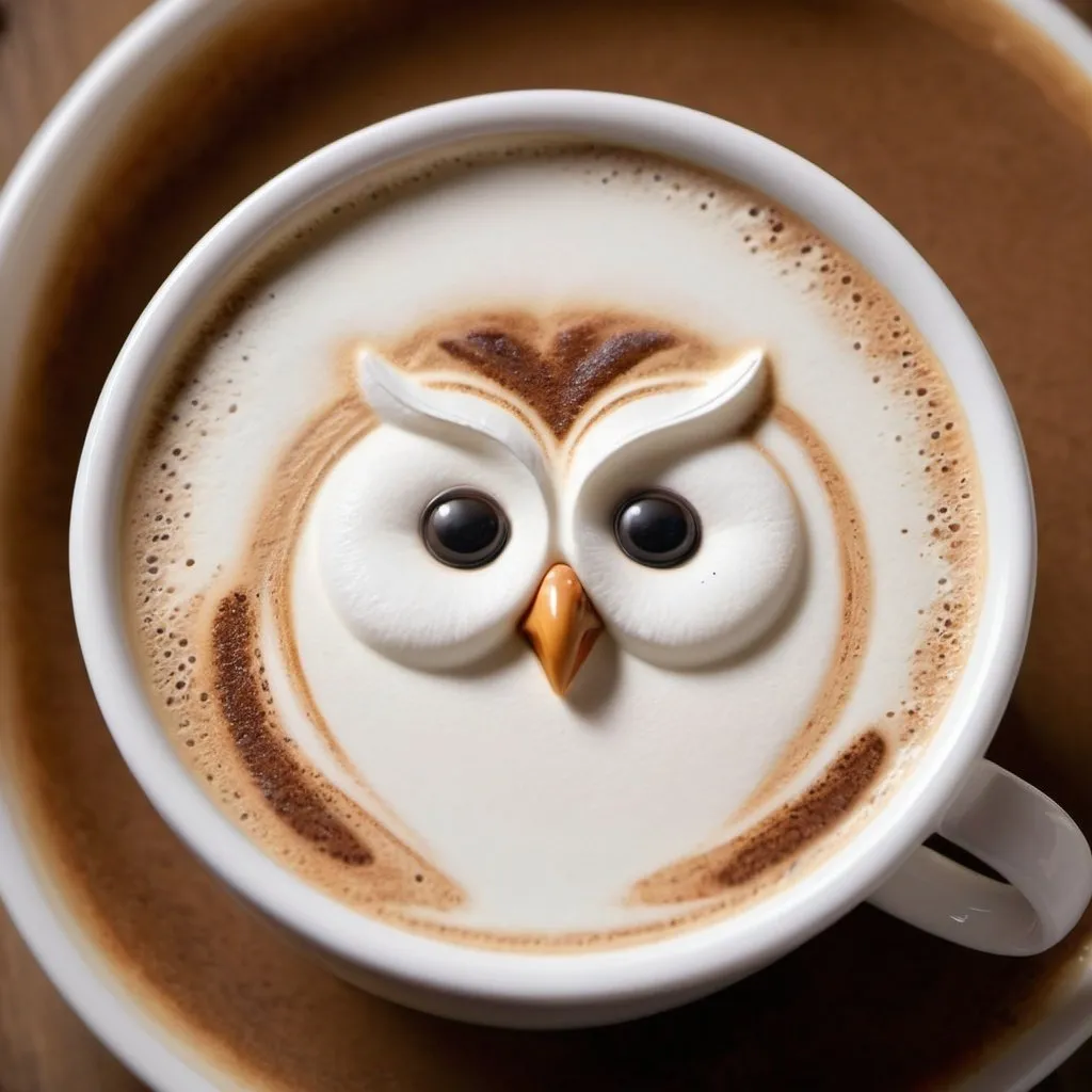 Prompt: A realistic close-up of a cup of cappuccino with a detailed cute white owl made of milk foam walking over the top. The owl is made entirely out of milk foam and its sticking out of the cappuccino, with detailed facial features including big, round eyes. The foam is expertly crafted to give the owl a fluffy appearance, and it appears to be walking on the middle of the cappuccino, surrounded by a smooth, creamy froth.