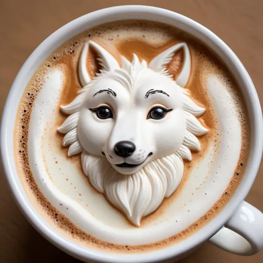 Prompt: A realistic close-up of a cup of cappuccino with a detailed cute white wolf made of milk foam walking over the top. The fox is made entirely out of milk foam and its sticking out of the cappuccino, with detailed facial features including big, round eyes, a small nose, and tiny whiskers. The foam is expertly crafted to give the fox a fluffy appearance, and it appears to be walking on the middle of the cappuccino, surrounded by a smooth, creamy froth