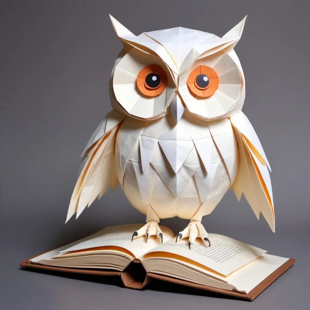 Prompt: A realistic and detailed cute white owl made of origami walking over a book. The animal is made entirely out of paper, with detailed facial features including big, round eyes. The animal is expertly crafted to give it a sharp appearance.