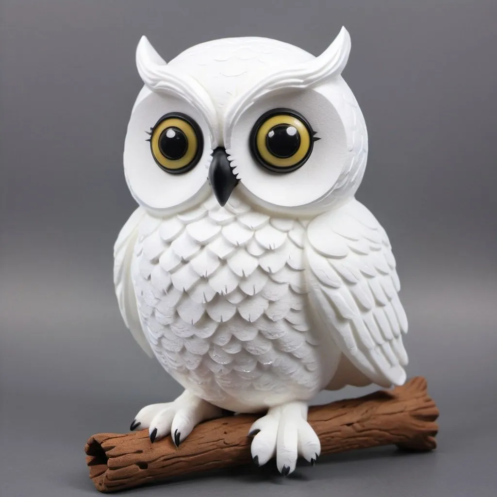 Prompt: A realistic and detailed cute white owl made of foam. The owl is made entirely out of foam, with detailed facial features including big, round eyes. The foam is expertly crafted to give the owl a fluffy appearance.