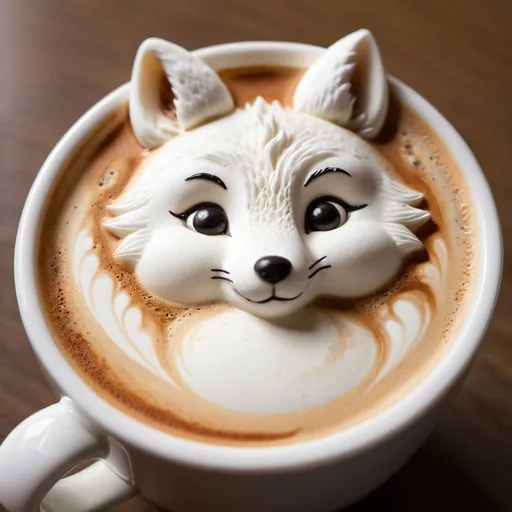 Prompt: A realistic close-up of a cup of cappuccino with a detailed cute white fox made of milk foam walking over the top. The fox is made entirely out of milk foam and its sticking out of the cappuccino, with detailed facial features including big, round eyes, a small nose, and tiny whiskers. The foam is expertly crafted to give the fox a fluffy appearance, and it appears to be walking on the middle of the cappuccino, surrounded by a smooth, creamy froth