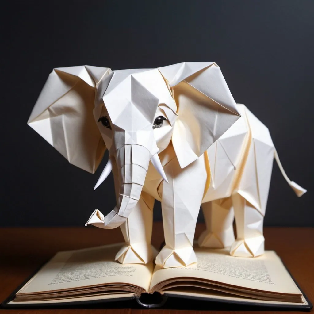 Prompt: A realistic and detailed cute white elephant made of origami walking over a book. The animal is made entirely out of paper, with detailed facial features including big, round eyes. The animal is expertly crafted to give it a sharp appearance.