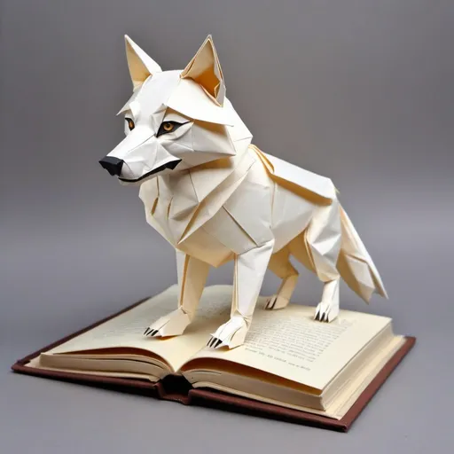 Prompt: A realistic and detailed cute white wolf made of origami walking over a book. The animal is made entirely out of paper, with detailed facial features including big, round eyes, a small nose, and tiny whiskers. The animal is expertly crafted to give it a sharp appearance.