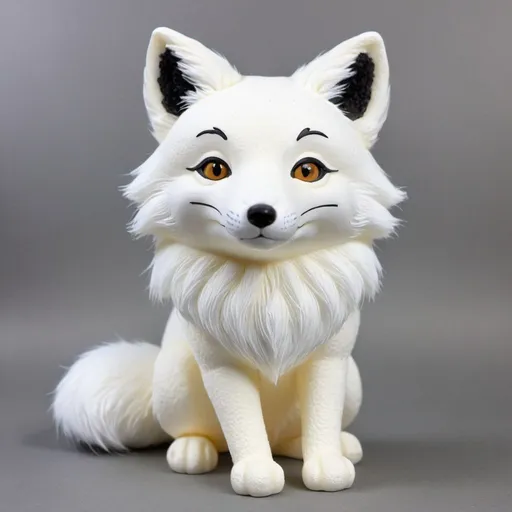 Prompt: A realistic and detailed cute white fox made of foam. The fox is made entirely out of foam, with detailed facial features including big, round eyes. The foam is expertly crafted to give the fox  a fluffy appearance.