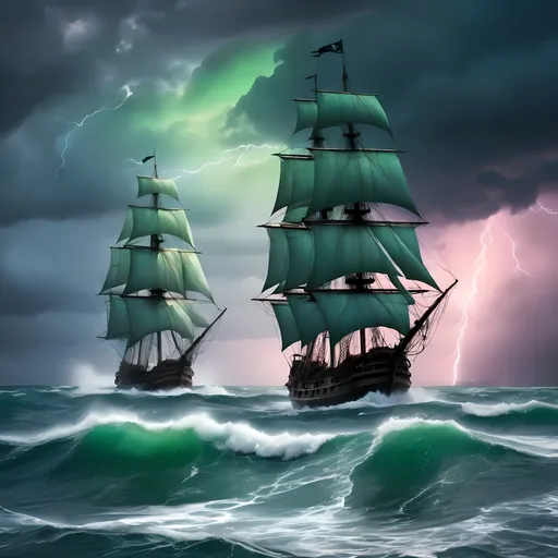 Prompt: Middle of Ocean view, white cap waves landscape, green blue pink rainy skyline, horizon image silhouettes two pirate galleon ships, thunder and lighting in distant sky,  high contrast, moody lighting, haunting atmosphere, surreal, oceanic color palette, dynamic rain and sea spray, detailed decay, professional quality, ominous ambiance