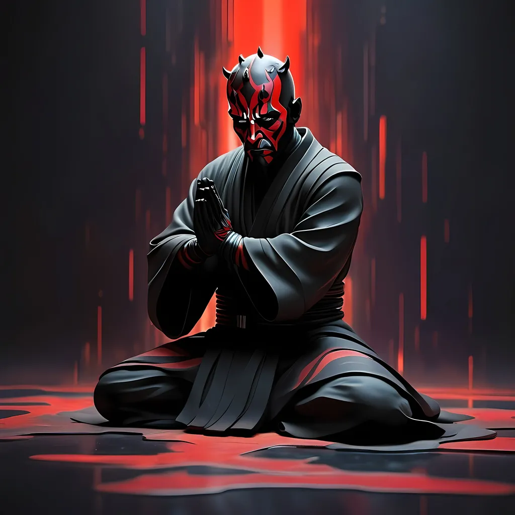 Prompt: Abstract Expressionism scheme, 4k, Darth Maul kneeling in meditation, eyes closed