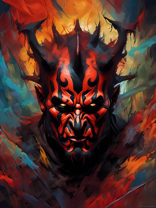 Prompt: <mymodel> Abstract digital art of Darth Maul, surreal, psychedelic and chaotic, dark and mysterious psychedelic atmosphere, vibrant and impossible contrasting colors, high quality, abstract, surreal, chaotic, dark atmosphere, vibrant colors, mysterious, digital art, divine void, divine madness, divine bliss, divine Sith