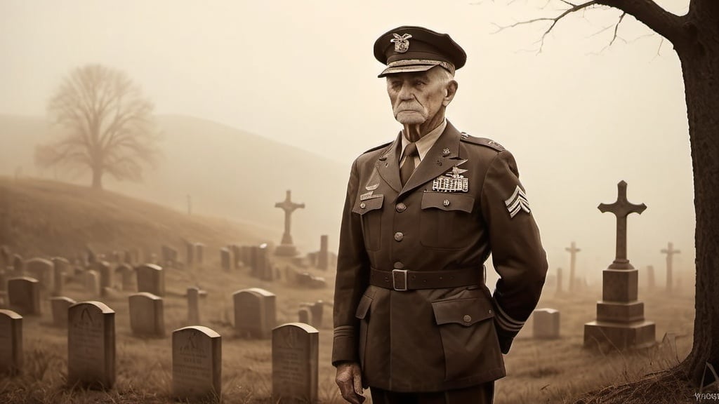 Prompt: Old U.S. Air Force Veteran standing on a hill cemetery, overlooking a valley, traditional oil painting, foggy atmosphere, solemn and reflective mood, worn-out military uniform, aged face with weathered features, sepia tones, soft and diffused lighting, misty ambiance, high quality, detailed, oil painting, traditional, foggy, reflective, aged, sepia tones, atmospheric, misty