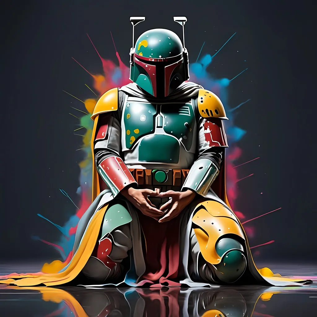 Prompt: Abstract Expressionism scheme, 4k, Boba Fett kneeling in meditation before battle