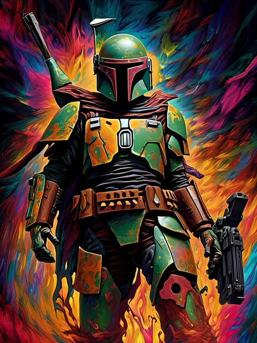 Prompt: <mymodel> Abstract digital art of Bobba Fett, surreal, psychedelic and chaotic, dark and mysterious psychedelic atmosphere, vibrant and impossible contrasting colors, high quality, abstract, surreal, chaotic, dark atmosphere, vibrant colors, mysterious, digital art, divine void, divine madness, divine bliss, divine Sith