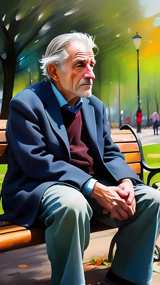 Prompt: Abstract expressionism artwork of an older grey haired man, emotional moment on a park bench, reminiscing memories of his late father, private reflection, intense emotions, textured brushstrokes, vibrant colors, deep emotional impact, raw and powerful, high quality, expressive art, emotional depth, heartfelt composition, vivid strokes, personal connection, deep colors, textured surfaces, evocative atmosphere, impactful storytelling, poignant theme, reflective mood, soulful expression