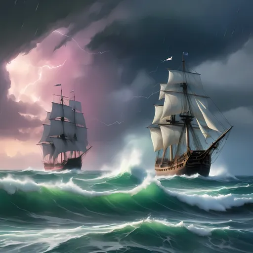 Prompt: Middle of Ocean view, white cap waves landscape, green blue pink rainy skyline, horizon of image has silhouettes of two galleon ships, thunder and lighting in distant sky,  high contrast, moody lighting, haunting atmosphere, surreal, oceanic color palette, dynamic rain and sea spray lightly blowing around, detailed decay, professional quality, ominous ambiance
