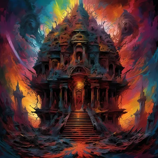 Prompt: <mymodel> Abstract digital art of Jedi Temple, surreal, psychedelic and chaotic, dark and mysterious psychedelic atmosphere, vibrant and impossible contrasting colors, high quality, abstract, surreal, chaotic, dark atmosphere, vibrant colors, mysterious, digital art, divine void, divine madness, divine bliss, divine Sith