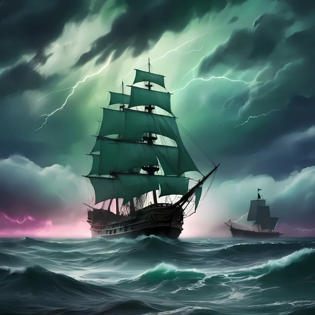 Prompt: Middle of Ocean view, white cap waves landscape, green blue pink rainy skyline, horizon image silhouette Ghost pirate galleon ship, thunder and lighting in distant sky,  high contrast, moody lighting, haunting atmosphere, surreal, oceanic color palette, dynamic rain and sea spray, detailed decay, professional quality, ominous ambiance