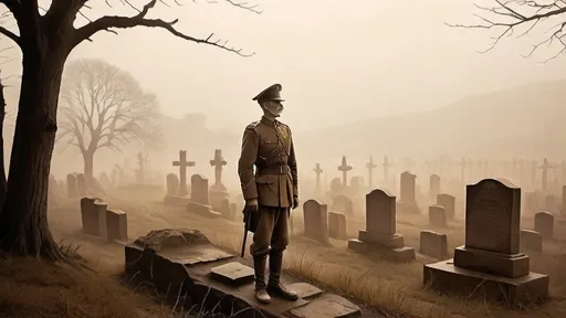 Prompt: Old Soldier standing on a hill cemetery, overlooking a valley, traditional oil painting, foggy atmosphere, solemn and reflective mood, worn-out military uniform, aged face with weathered features, sepia tones, soft and diffused lighting, misty ambiance, high quality, detailed, oil painting, traditional, foggy, reflective, aged, sepia tones, atmospheric, misty