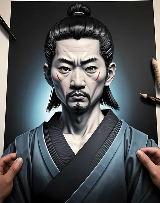 Prompt: Ako Roshi illustration style, photorealistic male samurai looking at camera focus, mind-bending murals, machine parts aesthetics, UHD, bold, graphic lines, photorealism, light black and sky-blue