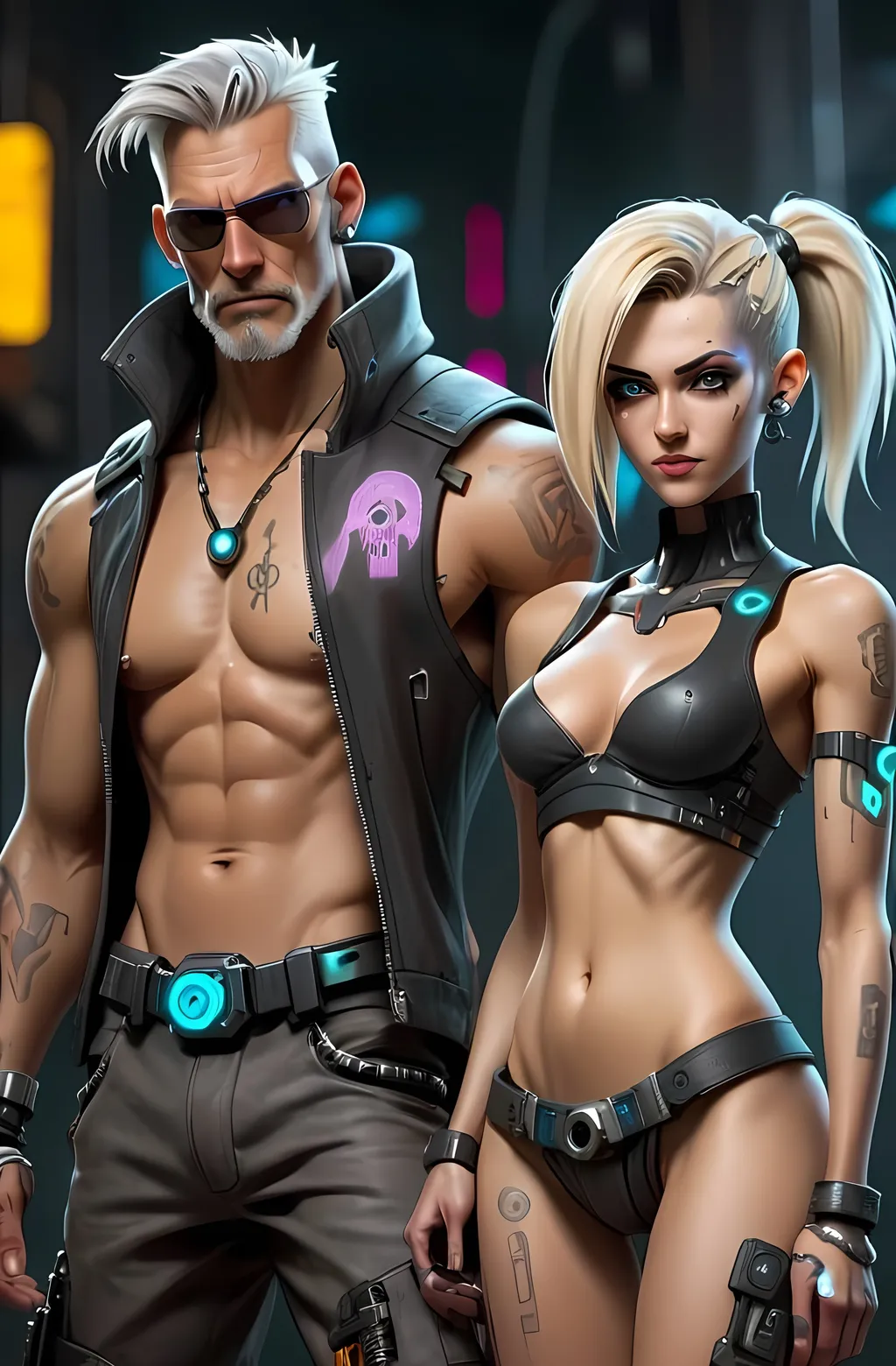 Prompt: Blonde fit Cyberpunk Necromancer female standing by a grey haired buff male cyberpunk hacker,  7331