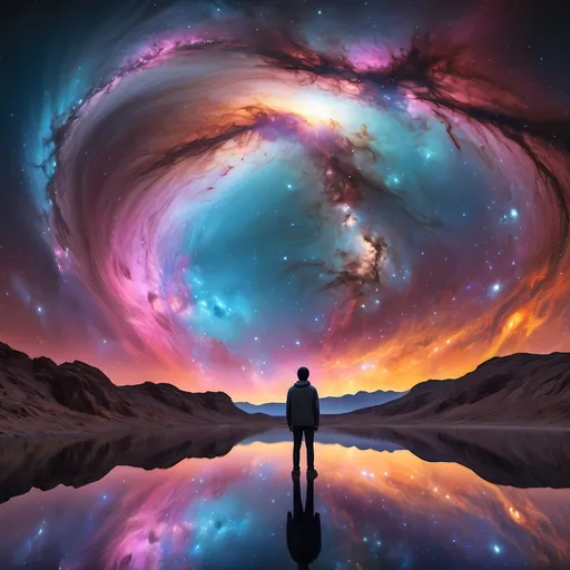 Prompt: captivating scene, an individual stands solitary on what appears to be a reflective surface, gazing into the infinity of space. Above them, the cosmos unfurls in a breathtaking display of color and light, with swirling nebulas, twinkling stars, and the vibrant hues of interstellar gas clouds merging into an otherworldly vista. This image is a testament to the beauty and vastness of the universe, as well as the contemplative nature of human curiosity when faced with the mysteries of the cosmos.