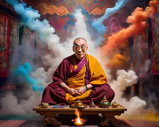 Prompt: 14th Dalai Lama engaged in meditation, facing towards camera with eyes closed, Tibetan ceremonial robes, incense burners and mists of smoke float in background, tibetan dungchen on right side of room,  niji 6 style, vibrant and psychedelic colors, intricate details, high quality, surreal, fantastical, intricate patterns, luminous effects, otherworldly atmosphere, intricate textures, mystical creature, majestic presence, ethereal glow