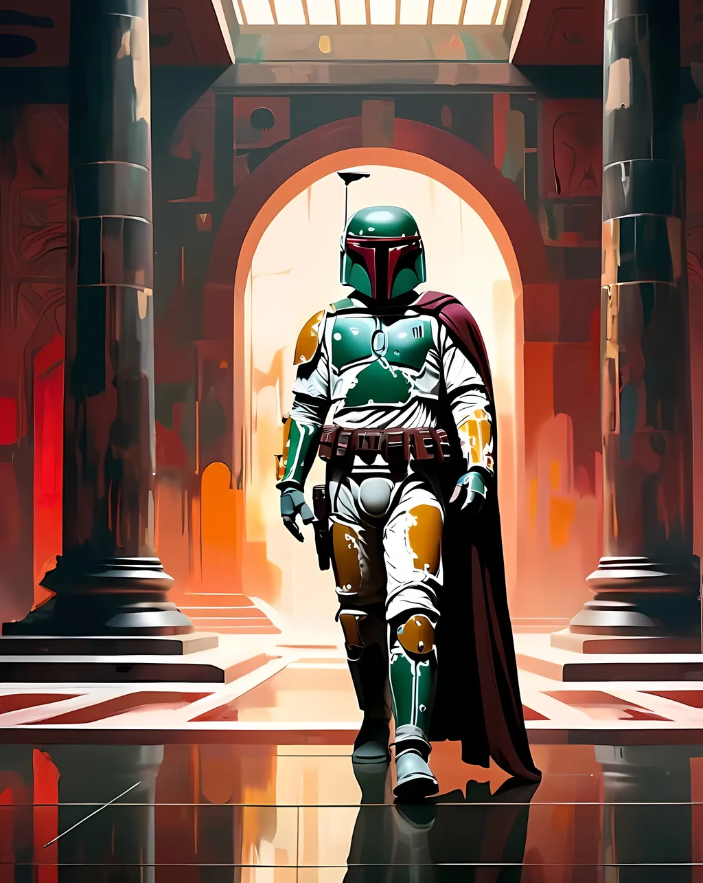 Prompt: Abstract Expressionism scheme, 4k, Boba Fett  standing in temple before battle