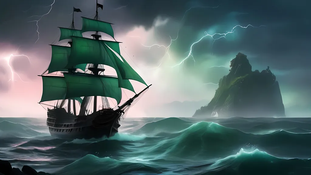 Prompt: Middle of Ocean view, white cap waves landscape, green blue pink rainy skyline, horizon image silhouette Ghost pirate galleon ship, thunder and lighting in distant sky,  high contrast, moody lighting, haunting atmosphere, surreal, oceanic color palette, dynamic rain and sea spray, detailed decay, professional quality, ominous ambiance