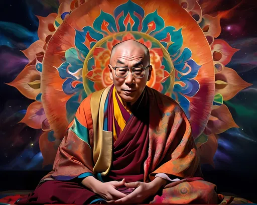 Prompt: 14th Dalai Lama engaged in meditation, facing towards camera with eyes closed, Tibetan ceremonial robes, niji 6 style, vibrant and psychedelic colors, intricate details, high quality, surreal, fantastical, intricate patterns, luminous effects, otherworldly atmosphere, intricate textures, mystical creature, majestic presence, ethereal glow