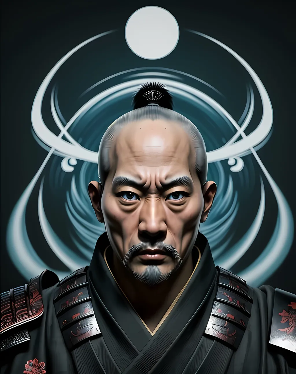 Prompt: Ako Roshi illustration style, photorealistic male samurai looking at camera focus, mind-bending murals, machine parts aesthetics, UHD, bold, graphic lines, photorealism, light black and sky-blue