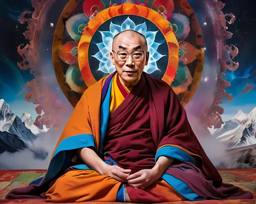 Prompt: 14th Dalai Lama engaged in meditation, looking directly towards camera, Tibetan ceremonial robes, niji 6 style, vibrant and psychedelic colors, intricate details, high quality, surreal, fantastical, intricate patterns, luminous effects, otherworldly atmosphere, intricate textures, mystical creature, majestic presence, ethereal glow
