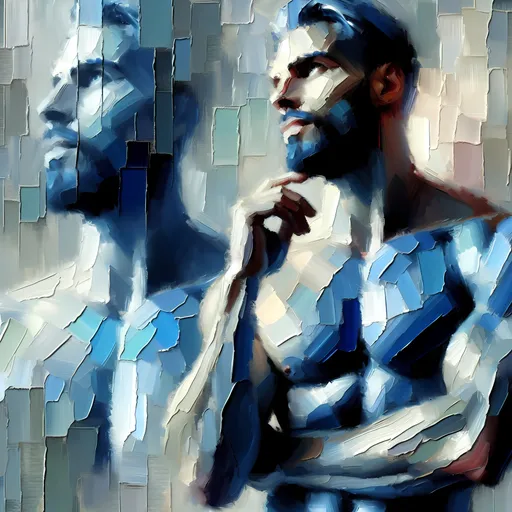 Prompt: Abstract impressionism painting of a fit man, reflective pose, vibrant blue and grey tones, expression of happiness and love, eye-catching colors, emotional content, high quality, impressionism, abstract, reflective, vibrant colors, fit physique, emotional theme, artistic style, calming lighting