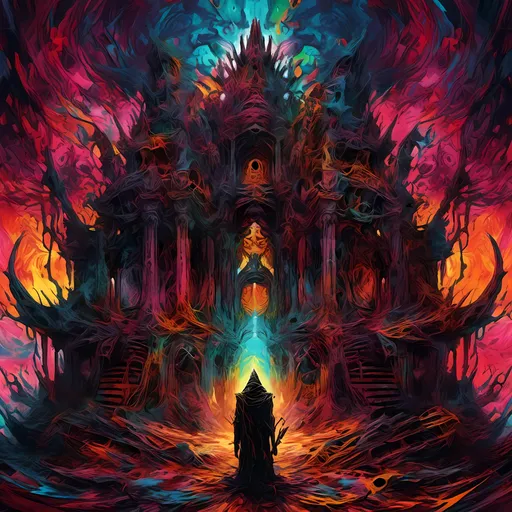 Prompt: <mymodel> Abstract digital art of Sith Temple, surreal, psychedelic and chaotic, dark and mysterious psychedelic atmosphere, vibrant and impossible contrasting colors, high quality, abstract, surreal, chaotic, dark atmosphere, vibrant colors, mysterious, digital art, divine void, divine madness, divine bliss, divine Sith