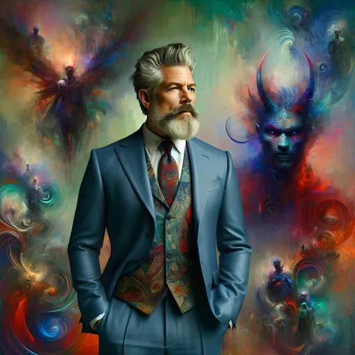 Prompt: Grey haired older Caucasian male with tattoos on shoulders and arms, wearing well fitted blue grey mens suit, unapologetic demeanor, standing still in center of room remembering past, feeling unexpressed pain and discontentment about past demons, abstract expressionism, demons and monster's appearing as spiralaling smoky visions of apparitions in image background, vibrant colorful schemes, intentional brush strokes, emotionally intense, high contrast, bold broad patterns, mixed media, dynamic composition, surreal atmosphere, rich textures, blending of colors, dramatic lighting, semi-transparent apparitions, expressive gestures, ultra-detailed, 4K.