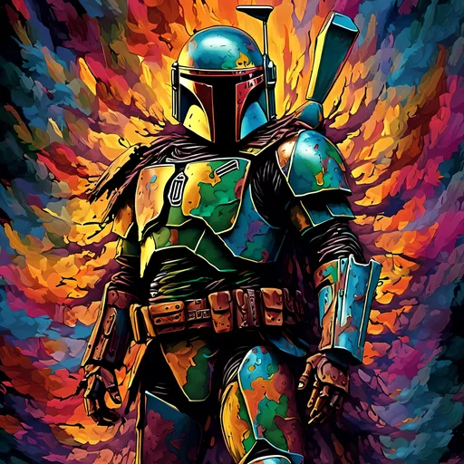 Prompt: <mymodel> Abstract digital art of Bobba Fett, surreal, psychedelic and chaotic, dark and mysterious psychedelic atmosphere, vibrant and impossible contrasting colors, high quality, abstract, surreal, chaotic, dark atmosphere, vibrant colors, mysterious, digital art, divine void, divine madness, divine bliss, divine Sith