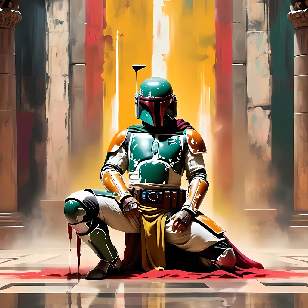 Prompt: Abstract Expressionism scheme, 4k, Boba Fett kneeling standing in temple before battle