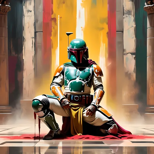 Prompt: Abstract Expressionism scheme, 4k, Boba Fett kneeling standing in temple before battle