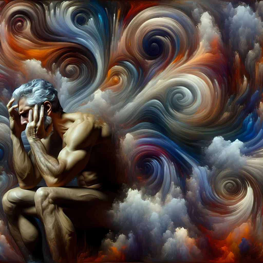 Prompt: Grey haired older fit Caucasian male unapologetically sitting against the wall on left side of image, head held in hands remembering past rage and discontent memories, abstract expressionism, visions of many past lifetimes appearing as spiralaling smoky apparitions on background of image, colorful scheme, intentional bold brush strokes, emotionally intense, high contrast, bold broad patterns, mixed media, dynamic composition, surreal atmosphere, rich textures, blending of colors, dramatic lighting, semi-transparent apparitions, expressive gestures, ultra-detailed, 4K.