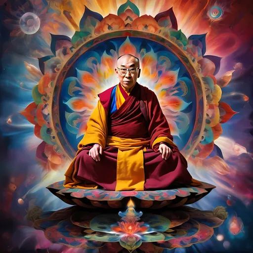Prompt: 14th Dalai Lama engaged in meditation, looking directly towards camera, Tibetan ceremonial robes, niji 6 style, vibrant and psychedelic colors, intricate details, high quality, surreal, fantastical, intricate patterns, luminous effects, otherworldly atmosphere, intricate textures, mystical creature, majestic presence, ethereal glow