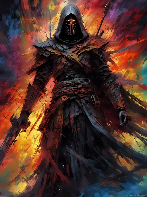 Prompt: <mymodel> Abstract digital art of Darth Revan, surreal, psychedelic and chaotic, dark and mysterious psychedelic atmosphere, vibrant and impossible contrasting colors, high quality, abstract, surreal, chaotic, dark atmosphere, vibrant colors, mysterious, digital art, divine void, divine madness, divine bliss, divine Sith